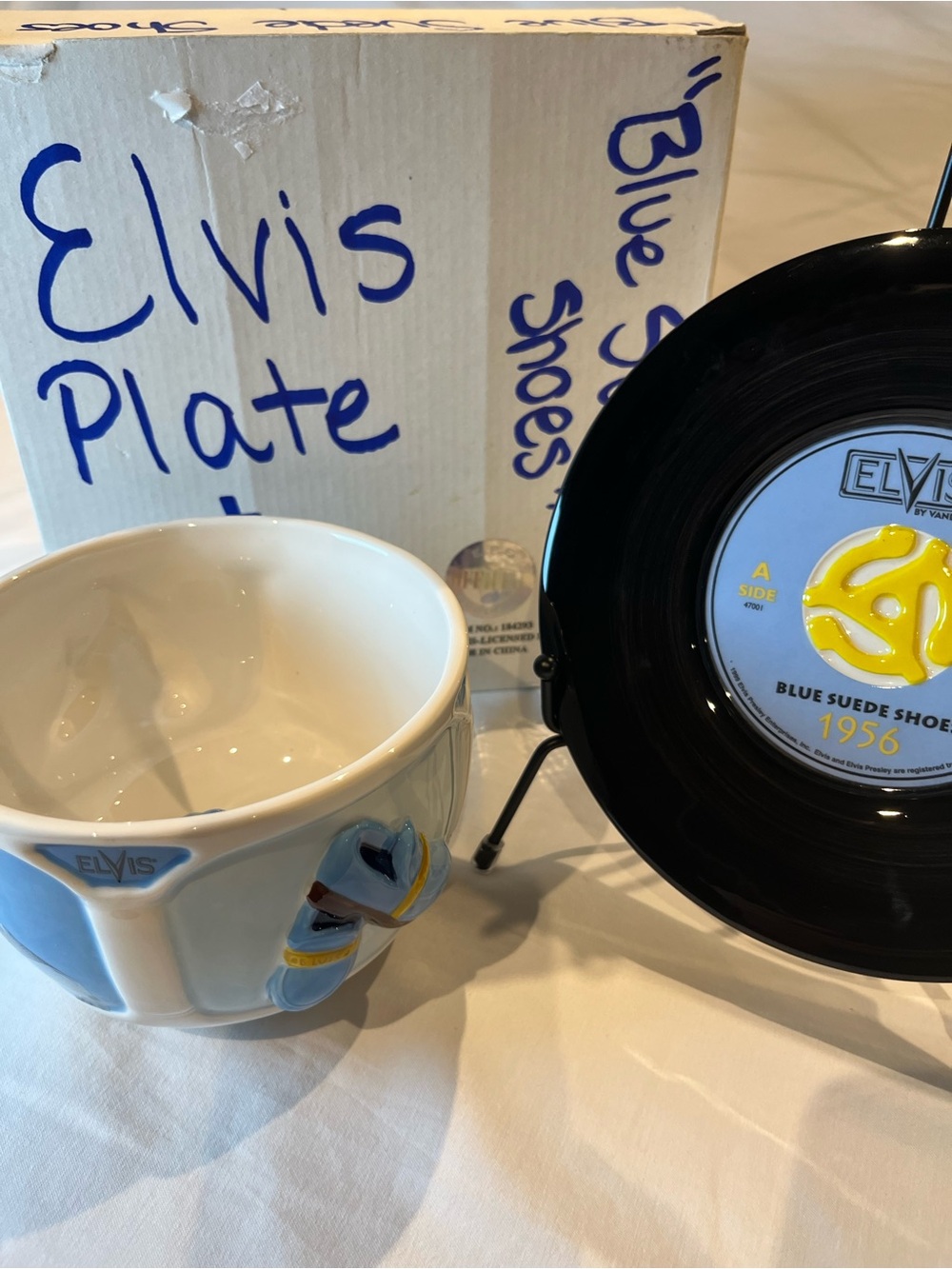 Elvis Blue Suede Shoes Collectible Ceramic Bowl and Record Plate